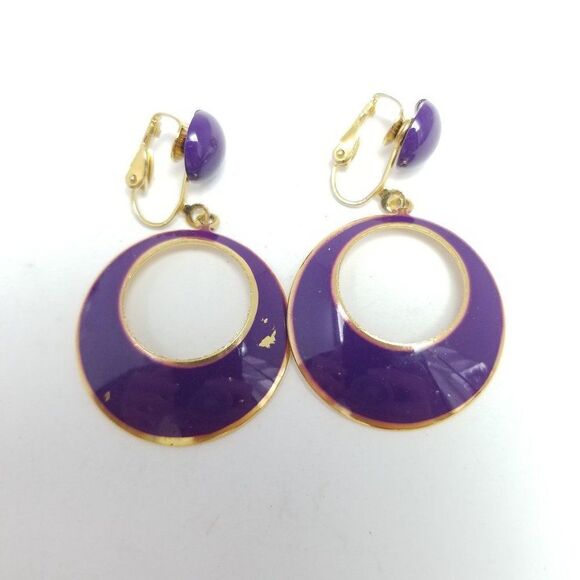 Vintage Purple Enamel Dangle Door Knocker Clip On Earrings, Retro 80s Style - Picture 2 of 6